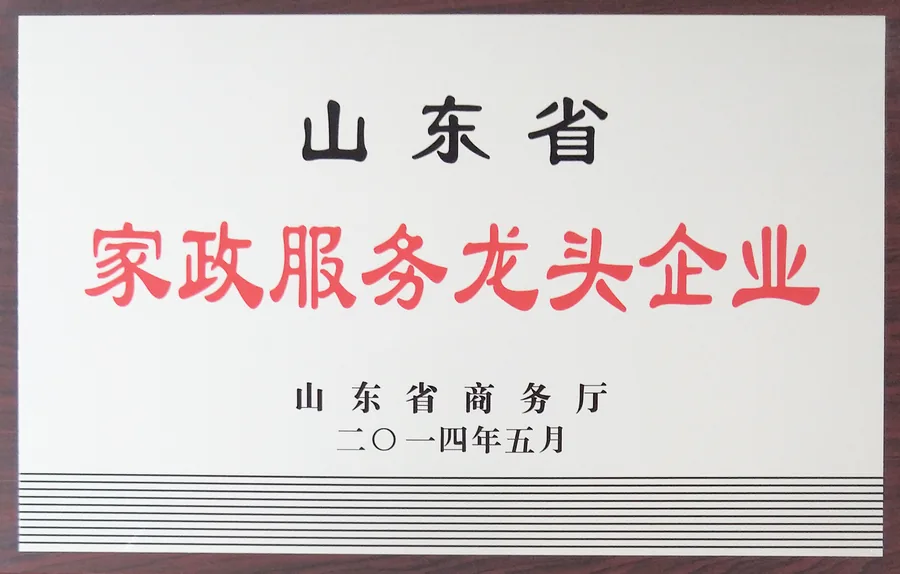 山东省家政服务龙头企业荣誉证书